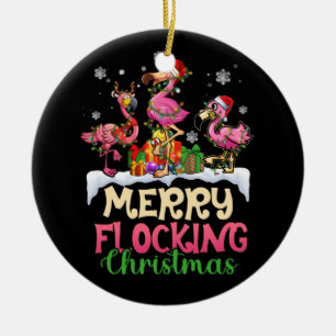 Merry Flocking Christmas Reindeer Santa Flamingo Keramik Ornament