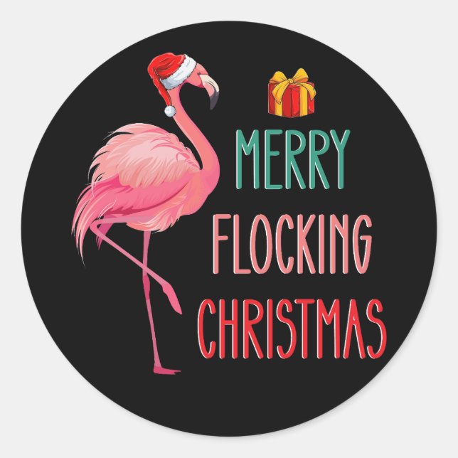 Merry Flocking Weihnachten Funny Flamingo Holiday Runder Aufkleber (Vorderseite)