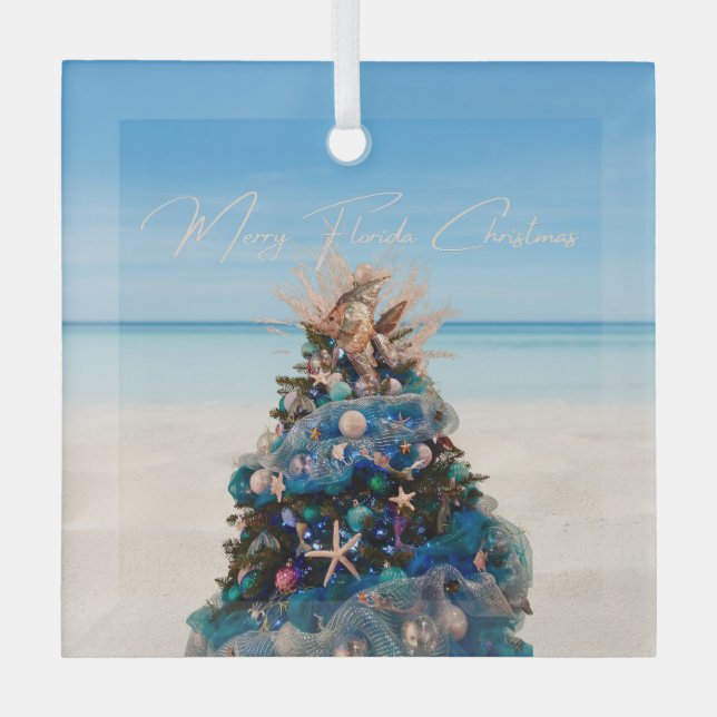 Merry Florida Christmas Tropical Beach HolidayTree Ornament Aus Glas (Vorderseite)
