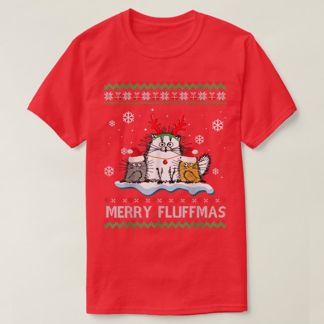 Merry Fluffmas Cats Santa Reindeer Ugly Weihnachte T-Shirt (Design vorne)