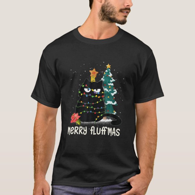Merry Fluffmas Funny Black Cat Xmas Meowy Catmas C T-Shirt (Vorderseite)