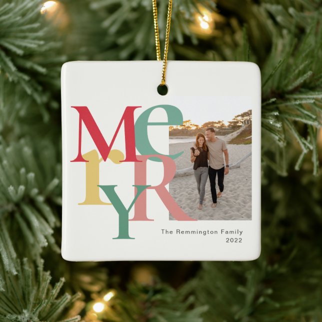 Merry Foto Simple Red Green Yellow Keramikornament (Baum)