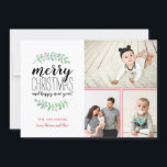 Merry Garland Holiday Christmas Collage 3-Foto Feiertagskarte<br><div class="desc">Stilvolle und festliche Holiday Foto-Collage-Karte mit gestapelten Typografien mit folgenden Worten: "Frohe Weihnachten und glückliches neues Jahr."  Personalisieren Sie mit Ihren eigenen Fotos und Texten.
Mit unseren exklusiven handbemalten Aquarelllaubern mit roten Beeren. Das ist mit einem trendigen roten Geo-Muster auf der Rückseite für eine besondere Touch.</div>