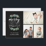 Merry Garland Holiday Christmas Collage 3-Foto Feiertagskarte<br><div class="desc">Stilvolle und festliche Holiday Foto-Collage-Karte mit gestapelten Typografien mit folgenden Worten: "Frohe Weihnachten und glückliches neues Jahr."  Personalisieren Sie mit Ihren eigenen Fotos und Texten.
Mit unseren exklusiven handbemalten Aquarelllaubern mit roten Beeren. Das ist mit einem trendigen roten Geo-Muster auf der Rückseite für eine besondere Touch.</div>