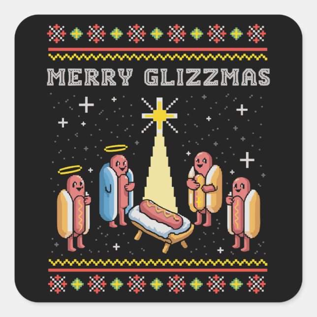 Merry Glizzmas hässliche Weihnachten Hot Dog Xmas Quadratischer Aufkleber (Vorderseite)