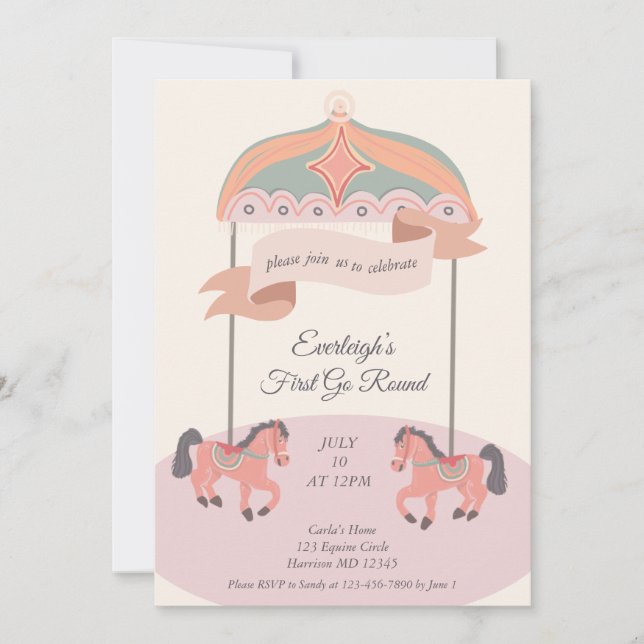 Merry Go Round First Birthday  Invitation Einladung (Vorderseite)