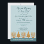 Merry Gold Blue Chrismukkah Holiday Party<br><div class="desc">Entwerfen Sie diese fröhlichen Chrismukkah Feiertagseinladungen mit Ihren Veranstaltungsdetails über dieses einfache, moderne Design der Imitate gold Hanukkah Menorahs und Weihnachtsbäume mit gemischten Schriftart in dunkelblau auf einem weichen pastellblauen Hintergrund. Jeder Text auf diesen goldblauen und blauen Einladungen kann bearbeitet und personalisiert werden, sodass Sie das CHRISMUKKAH PARTY in das...</div>