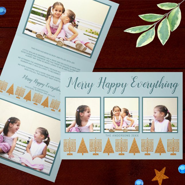 Merry Gold Blue Elegante Intercontinental 5 Foto Dreifach Gefaltete Urlaubskarte (Add your photos to this tri-fold holiday card that celebrates Hanukkah and Christmas together)