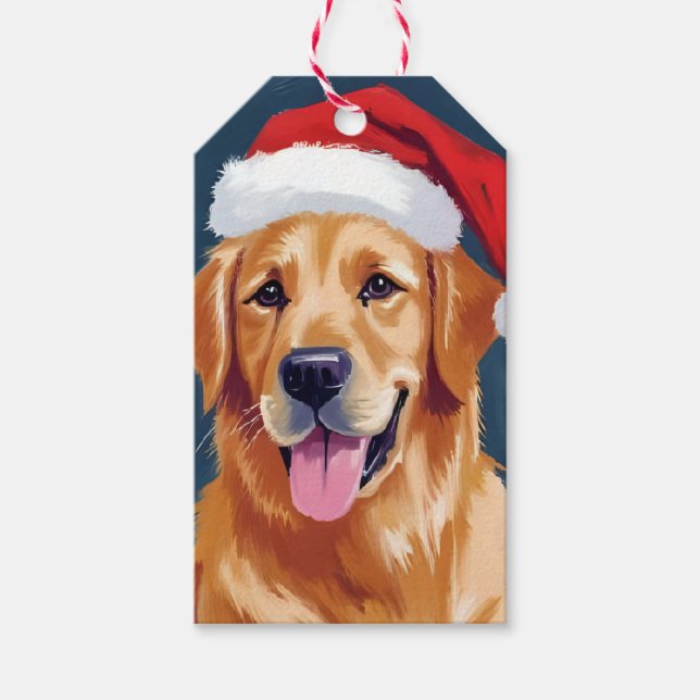 Merry Golden Retriever | Weihnachtsmannmütze Dog W Geschenkanhänger (Vorderseite)