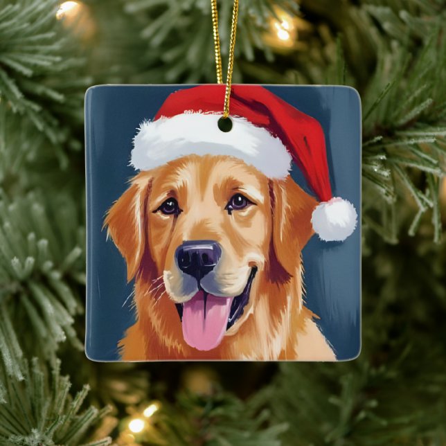Merry Golden Retriever | Weihnachtsmannmütze Dog W Keramikornament (Baum)