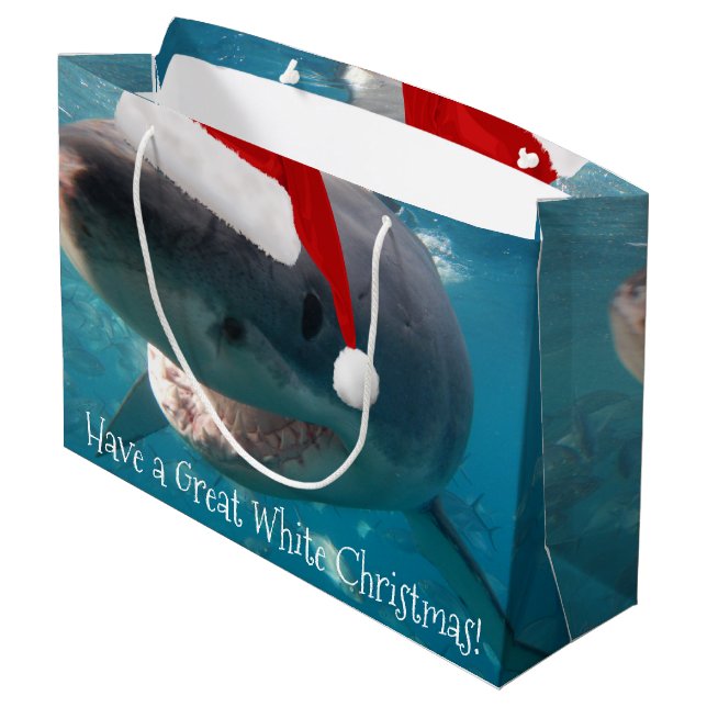 Merry Great White Christmas Shark Weihnachtsmannmü Große Geschenktüte (Rückseite Schrägansicht)