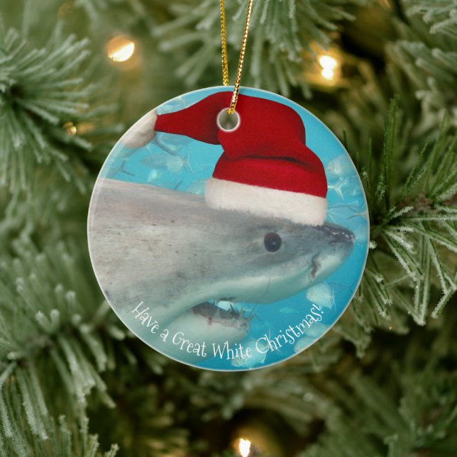 Merry Great White Christmas Shark Weihnachtsmannmü Keramik Ornament (Baum)