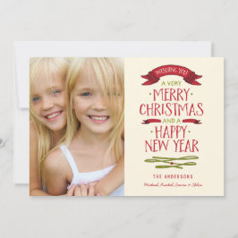 Merry Greetings Red Banner Holiday Foto Card Feiertagskarte