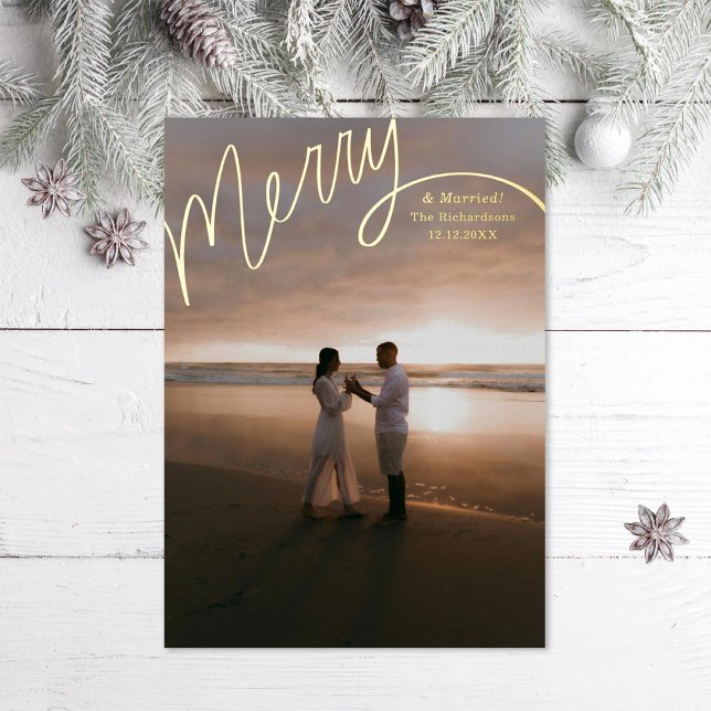 Merry Hand Lettering Wedding Foto Folien Feiertagskarte (Von Creator hochgeladen)