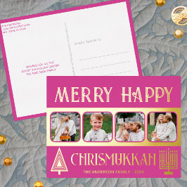 Merry Happy Chrismukkah 4 Foto Berry Pink Gold Folien Feiertagspostkarte