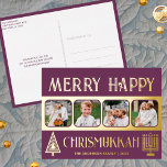 Merry Happy Chrismukkah 4 Foto Plum Lila Gold<br><div class="desc">Gestalten Sie Ihren eigenen Luxus-Urlaub in Gold-Folie mit Postkarten mit diesem schlichten und eleganten 4-Foto-Design in dunklem lila und gold mit einem stilisierten Baum für Weihnachten und einem minimalistischen Menorah für Hanukkah. Frohe Chrismukkah! Fügen Sie Ihre vier Lieblings-Fotos mit dem einfachen Template-Uploader hinzu und beobachten Sie, wie Ihre Bilder mit...</div>