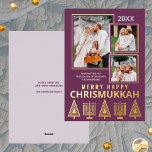 Merry Happy Chrismukkah Chic 3 Foto Lila Gold<br><div class="desc">Personalisierte Grußkarten aus Foto, die mit echter Goldfolie bedruckt sind, sorgen für eine Touch Luxus in Ihren Urlaubssendungen. Einfach zu anpassen, fügen Sie einfach Ihre drei Fotos, wo sie sich leicht überlappen werden mit dünnen goldenen Ränder auf dem soliden Pflaume lila Hintergrund. Bearbeiten Sie das Jahr oben und Ihren Namen...</div>
