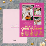 Merry Happy Chrismukkah Chic 3 Foto Pink Gold<br><div class="desc">Personalisierte Grußkarten aus Foto, die mit echter Goldfolie bedruckt sind, sorgen für eine Touch Luxus in Ihren Urlaubssendungen. Einfach zu anpassen, fügen Sie einfach Ihre drei Fotos hinzu, wo sie sich leicht überlagern werden mit dünnen goldenen Rahmen auf dem massiven Beerenrosa Hintergrund. Bearbeiten Sie das Jahr oben und Ihren Namen...</div>