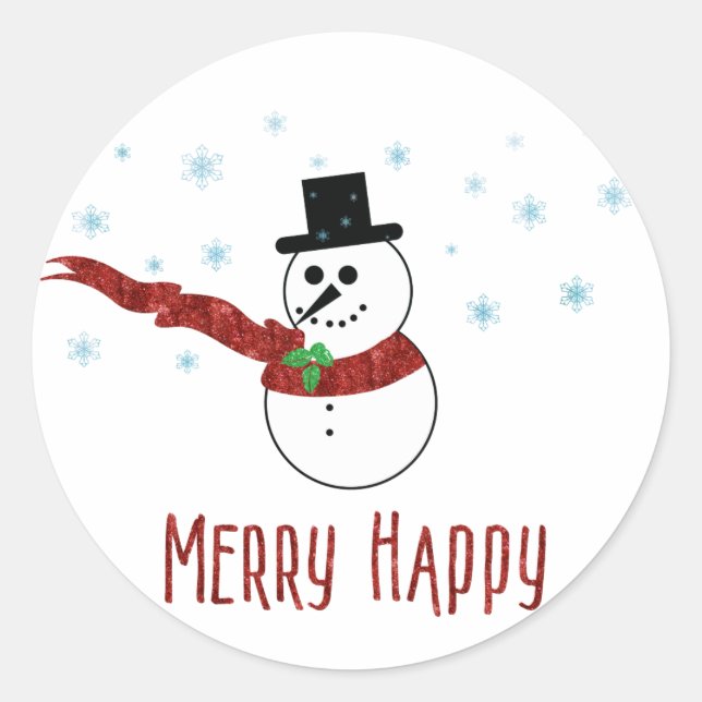 Merry Happy Snowman mit Red Scarf Runder Aufkleber (Vorderseite)