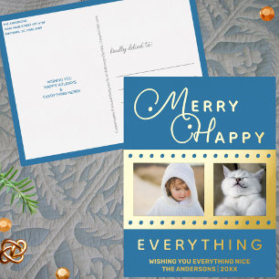 Merry Happy Stylish 2 Foto Word Art Blue Gold Folien Feiertagspostkarte