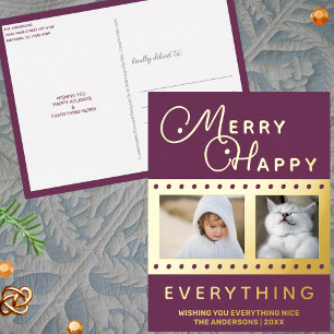 Merry Happy Stylish 2 Foto Word Art Lila Gold Folien Feiertagspostkarte