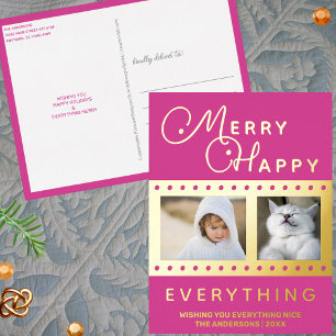 Merry Happy Stylish 2 Foto Word Art Pink Gold Folien Feiertagspostkarte
