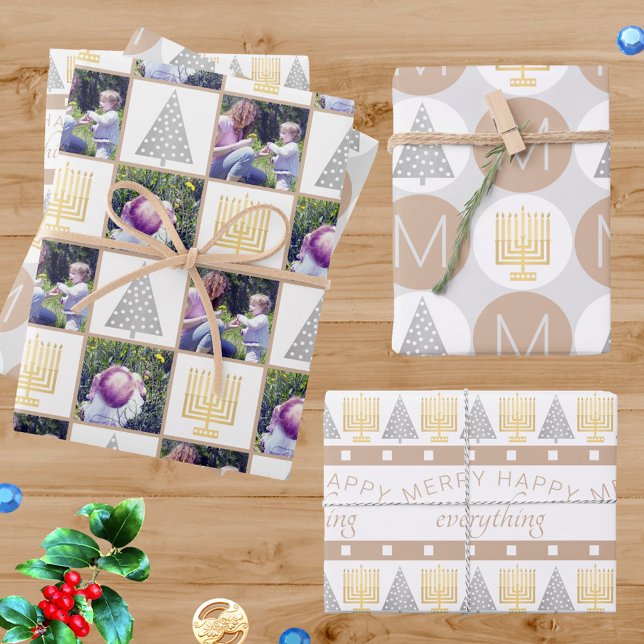 Merry Happy Tan Holiday Foto Niedlich Monogram Geschenkpapier Set (Add your photos and monogram to this neutral holiday wrapping paper perfect for interfaith families)