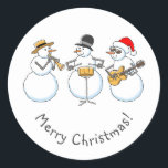 Merry Jazzy Christmas Snowman Funny Jazzband Runder Aufkleber<br><div class="desc">Niedlicher Merry Classic Round Sticker zeigt eine Cartoon-Illustration der lustigen Jazzband: drei Snowmen spielen schöne Weihnachtsmusik. Großartiger Aufkleber zum Siegel eines Umschlags oder einer Geschenkpackung anlässlich der besten Urlaubssaison. Zögern Sie nicht,  mich via Zazzle zu kontaktieren,  wenn Sie Hilfe benötigen,  um den Text auf diesem Ornament zu personalisieren.</div>