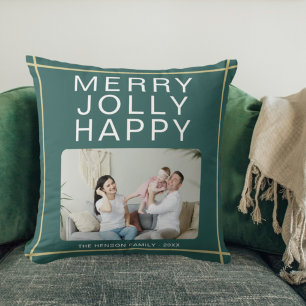 Merry Jolly Happy Custom Family Foto Green Kissen