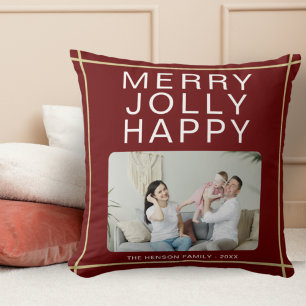 Merry Jolly Happy Custom Family Foto Red Holiday Kissen