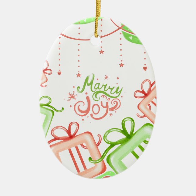 Merry Joy Christmas Greetings with Gifts Design Keramik Ornament (Vorne)
