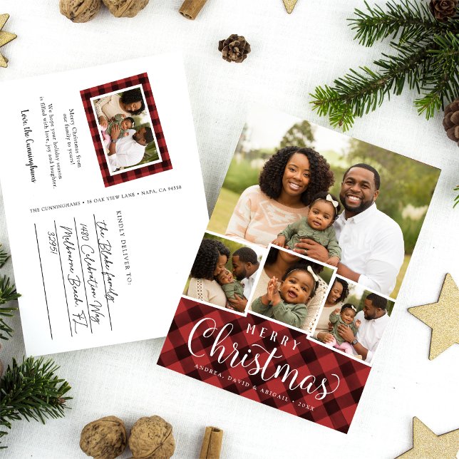 Merry Kariert Holiday Foto Collage Postkarte (Von Creator hochgeladen)