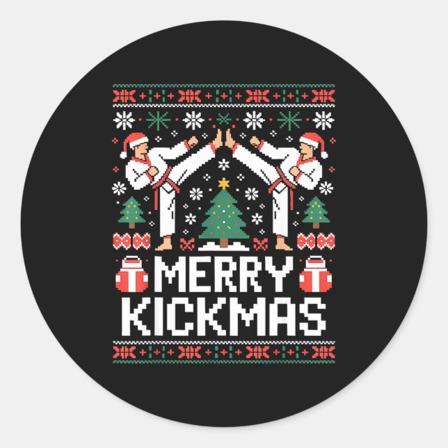 Merry Kickmas Karate Jiu Jitsu Ugly Christmas Desi Runder Aufkleber (Vorderseite)