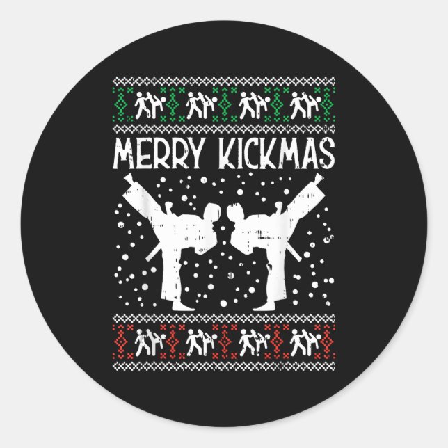 Merry Kickmas Ugly Christmas Karate Jiu Jitsu Mart Runder Aufkleber (Vorderseite)