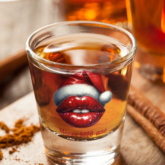 Merry KISS-mas Rote Lippen Rote Weihnachtsmannmütz Schnapsglas (Von Creator hochgeladen)