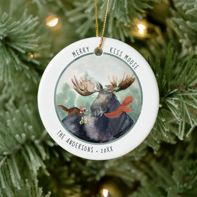 Merry Kiss Moose | Rustikaler Weihnachtsfest Keramik Ornament (Baum)