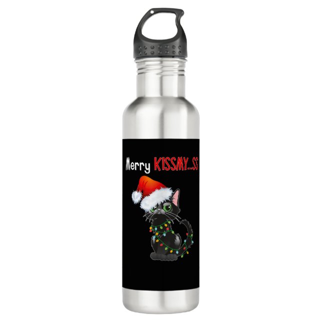 Merry Kissmy..ss Black Cat Christmas Lights Cin Edelstahlflasche (Vorderseite)