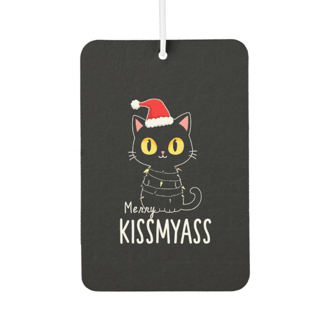 Merry Kissmyass Funny Cat Christmas Lights Premium Autolufterfrischer (Vorderseite)