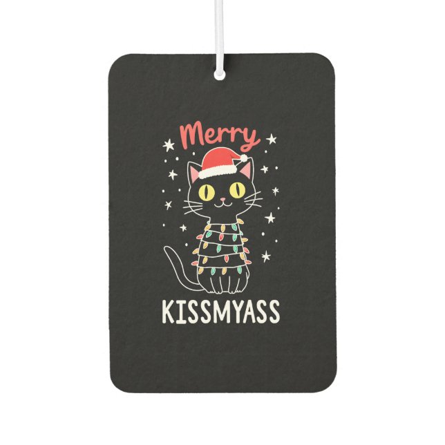 Merry Kissmyass Funny Cat Christmas Lights Premium Autolufterfrischer (Vorderseite)