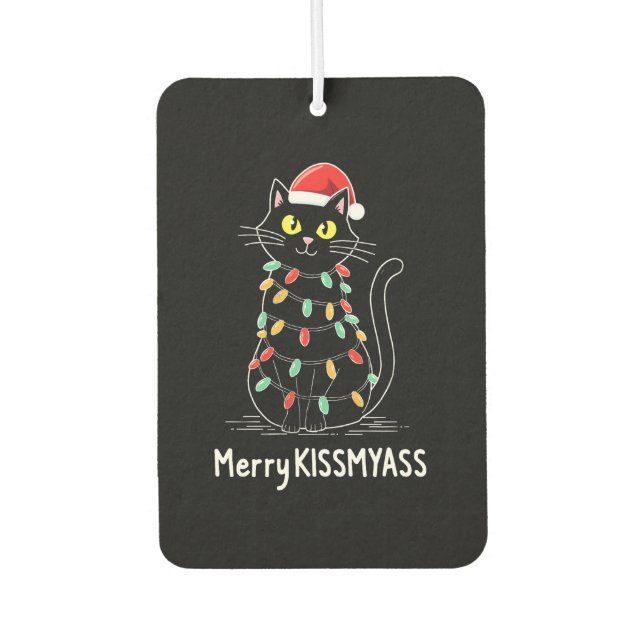 Merry Kissmyass Funny Cat Christmas Lights Premium Autolufterfrischer (Vorderseite)