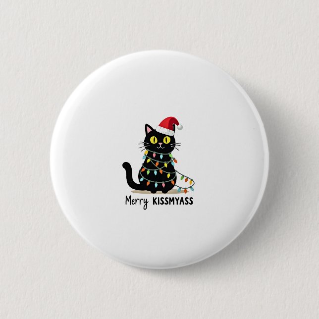 Merry Kissmyass Funny Cat Christmas Lights Premium Button (Vorderseite)
