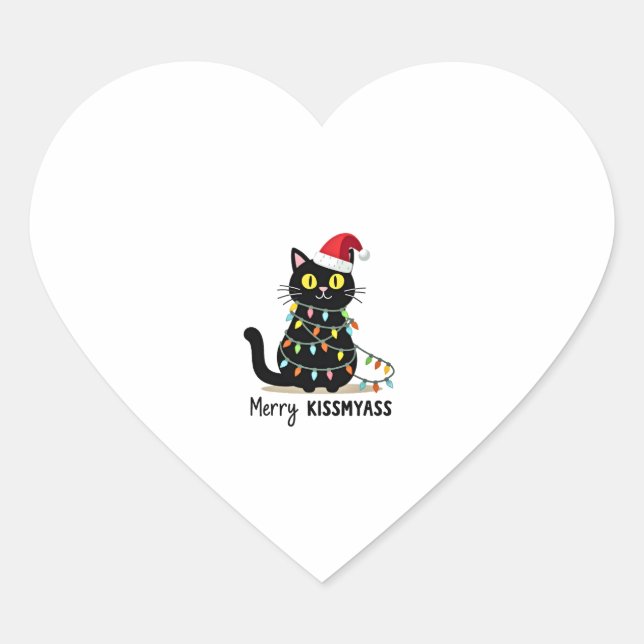 Merry Kissmyass Funny Cat Christmas Lights Premium Herz-Aufkleber (Vorderseite)