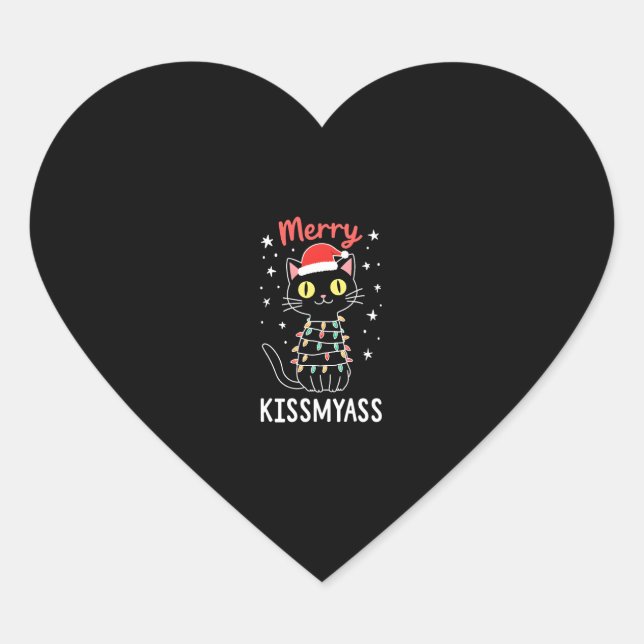 Merry Kissmyass Funny Cat Christmas Lights Premium Herz-Aufkleber (Vorderseite)