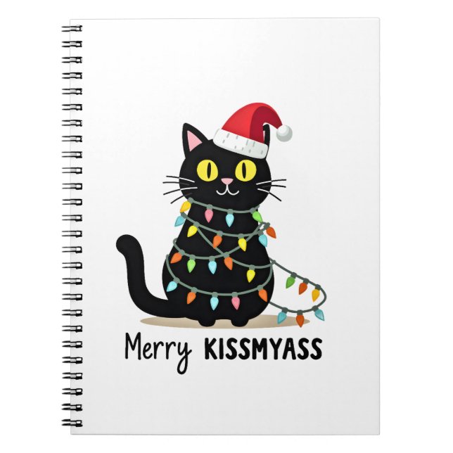Merry Kissmyass Funny Cat Christmas Lights Premium Notizblock (Vorderseite)