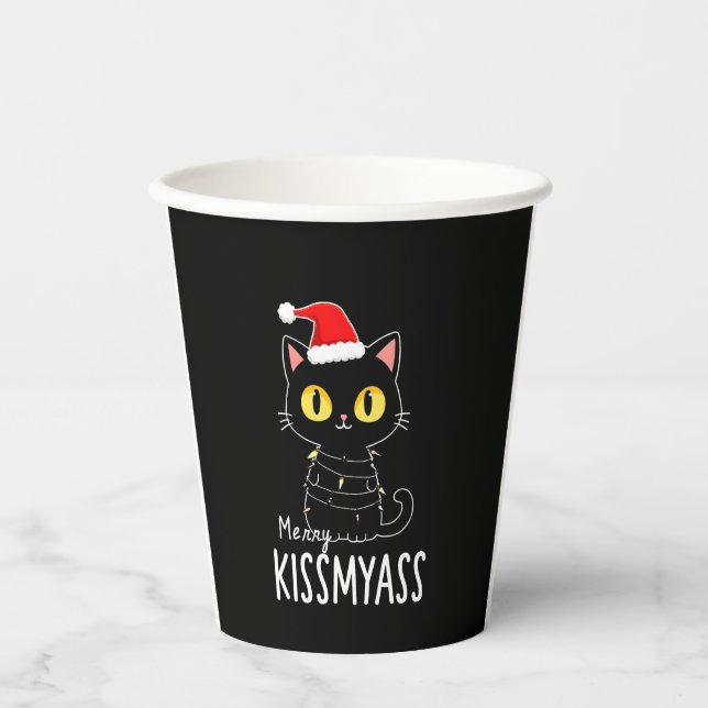 Merry Kissmyass Funny Cat Christmas Lights Premium Pappbecher (Vorderseite)