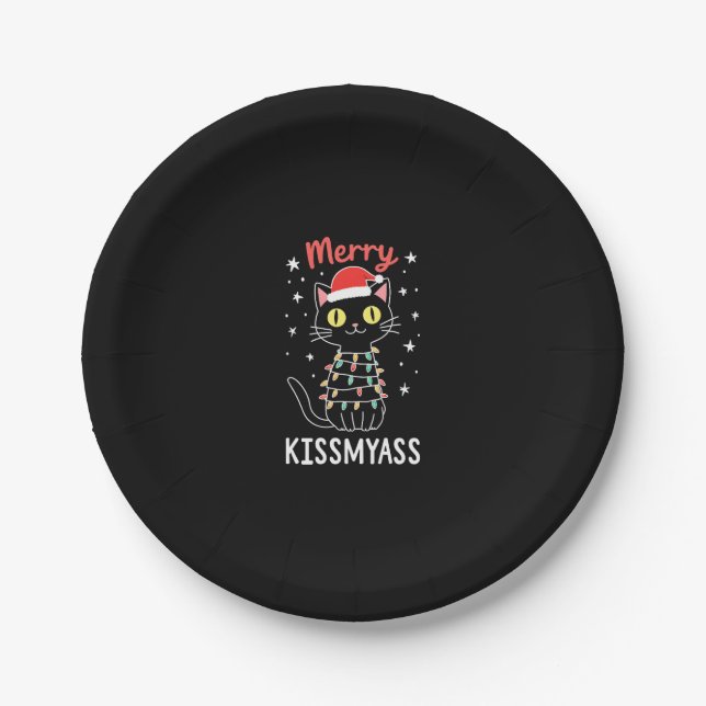 Merry Kissmyass Funny Cat Christmas Lights Premium Pappteller (Vorderseite)