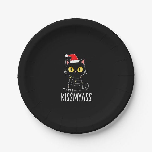 Merry Kissmyass Funny Cat Christmas Lights Premium Pappteller (Vorderseite)