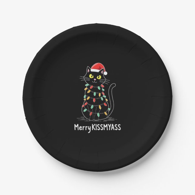Merry Kissmyass Funny Cat Christmas Lights Premium Pappteller (Vorderseite)