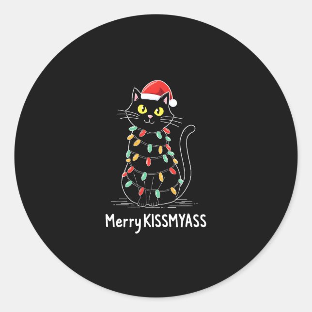 Merry Kissmyass Funny Cat Christmas Lights Premium Runder Aufkleber (Vorderseite)