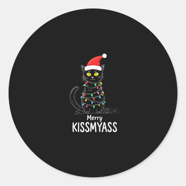Merry Kissmyass Funny Cat Christmas Lights Premium Runder Aufkleber (Vorderseite)